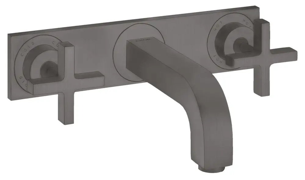 Waschtischarmatur von AXOR in Brushed Black Chrome mit zwei Kreuzgriffen und einem Auslauf, zur Wandmontage vorgesehen.